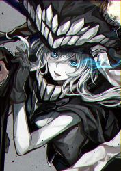 Rule 34 | 10s, 1girl, absurdres, abyssal ship, black gloves, blue eyes, bodysuit, cape, chromatic aberration, colored skin, gloves, glowing, glowing eye, hat, highres, kantai collection, kazabana fuuka, looking at viewer, simple background, solo, white hair, white skin, wo-class aircraft carrier