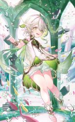 Rule 34 | 1girl, absurdres, artist name, bare shoulders, bloomers, blush, book, book stack, bracelet, braid, cape, detached sleeves, dress, fish, floor, flower-shaped pupils, flying, full body, gem, genshin impact, gold bracelet, gold trim, gradient hair, green cape, green dress, green eyes, green gemstone, green hair, hair between eyes, hair ornament, hand up, highres, hitohachan, jewelry, leaf, leaf hair ornament, long hair, looking at viewer, multicolored hair, nahida (genshin impact), pointy ears, ponytail, short sleeves, side ponytail, sidelocks, smile, solo, stirrup footwear, symbol-shaped pupils, teeth, toeless footwear, tongue, two-sided dress, two-sided fabric, underwater, underwear, water drop, white bloomers, white dress, white footwear, white hair