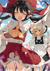 Rule 34 | 2girls, absurdres, apron, ascot, black hair, black skirt, black vest, blonde hair, blush, bow, braid, cherry blossoms, cloud, collared shirt, commentary, cup, dango, detached sleeves, drunk, food, frills, hair bow, hair tubes, hakurei reimu, happy, hat, highres, kirisame marisa, kozomezuki, long sleeves, looking at viewer, medium hair, multiple girls, nature, puffy long sleeves, puffy sleeves, red bow, red skirt, red vest, ribbon trim, sakazuki, shirt, skirt, skirt set, standing, standing on one leg, touhou, tree, vest, wagashi, waist apron, white shirt, wide sleeves, witch hat, yellow ascot, yellow eyes