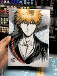 Rule 34 | 1boy, art tools in frame, bleach, closed mouth, collarbone, commentary, english commentary, facing viewer, highres, japanese clothes, kimono, kurosaki ichigo, looking at viewer, male focus, marker (medium), neck, orange eyes, orange hair, over shoulder, shinigami, short hair, signature, spiked hair, stanley lau, sword, sword over shoulder, tensa zangetsu (bankai), traditional media, weapon, weapon over shoulder