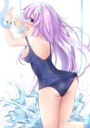 Rule 34 | 1girl, absurdres, arms up, ass, blue one-piece swimsuit, blush, bound, breasts, clothes pull, commentary request, commission, d-pad, d-pad hair ornament, dogoo, hair between eyes, hair ornament, highres, long hair, looking at viewer, looking back, medium breasts, naoya (naoya ee), nepgear, neptune (series), old school swimsuit, one-piece swimsuit, one-piece swimsuit pull, open mouth, purple eyes, purple hair, school swimsuit, simple background, skeb commission, solo, splashing, swimsuit, wedgie, white background
