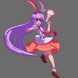 Rule 34 | 1girl, animal ears, blouse, brown footwear, carrot, collarbone, full body, grey background, gun, holding, holding gun, holding weapon, long hair, looking at viewer, lowres, lunatic gun, necktie, open mouth, orange skirt, pointing, pointing at viewer, potemki11, purple hair, rabbit ears, rabbit girl, rabbit tail, red eyes, red necktie, reisen udongein inaba, shirt, short sleeves, simple background, skirt, solo, standing, tail, touhou, v-shaped eyebrows, very long hair, weapon, white legwear, white shirt
