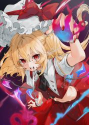 Rule 34 | 1girl, ascot, black ascot, blood, blood from mouth, blood on face, breasts, clenched teeth, commentary request, commission, cropped legs, crystal, fingernails, flandre scarlet, gotou (nekocat), hair between eyes, hat, hat ribbon, highres, laevatein (touhou), looking at viewer, medium hair, midriff, mob cap, nail polish, pointy ears, puffy short sleeves, puffy sleeves, red eyes, red nails, red skirt, red vest, ribbon, sharp fingernails, short sleeves, side ponytail, sidelocks, skeb commission, skirt, slit pupils, small breasts, solo, teeth, touhou, vest, white hat, wings, wrist cuffs
