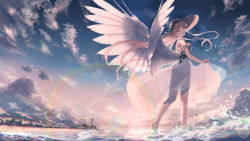 Rule 34 | 1girl, amane utata, dress, hat, highres, lighthouse, long hair, looking back, nature, ocean, original, scenery, see-through, see-through dress, sky, solo, straw hat, wading, water, wings