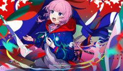 Rule 34 | 1girl, abstract background, blue eyes, blue jacket, blush, commentary request, dress, hair tubes, hand on own chest, highres, hood, hood down, hooded jacket, jacket, kaf (kamitsubaki studio), kamitsubaki studio, long hair, multicolored clothes, multicolored eyes, multicolored jacket, open mouth, pantyhose, pink hair, solo, sowichi, teeth, twintails, upper body, virtual youtuber, wading, water, white dress, white pantyhose, yellow pupils
