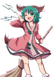 Rule 34 | 1girl, ;d, animal ears, bamboo broom, broom, dress, green eyes, green hair, highres, kasodani kyouko, mazume, one eye closed, open mouth, smile, solo, tail, touhou