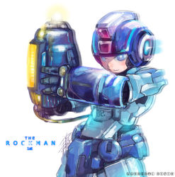 Rule 34 | 1boy, blue eyes, blue theme, capcom, helmet, joints, kusagami style, male focus, mega man (character), mega man (classic), mega man (series), robot, robot joints, simple background, solo