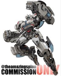 Rule 34 | airborne, blue eyes, clenched hands, commission, full body, headlight, highres, kamitoge supino, mecha, no humans, original, parted lips, piston, robot, science fiction, simple background, smile, solo, tail lights, transformers, twitter username, watermark, wheel, white background