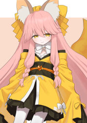 Rule 34 | 1girl, animal ear fluff, animal ears, bow, bowtie, braid, closed mouth, fate/samurai remnant, fate (series), fox ears, hair bow, japanese clothes, jp (diiuclove), kimono, light blush, long hair, looking at viewer, obi, pink hair, sash, sidelocks, simple background, sleeves past fingers, sleeves past wrists, smile, socks, solo, tamamo (fate), tamamo aria (fate), very long hair, white bow, white bowtie, white socks, yellow bow, yellow kimono