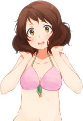 Rule 34 | 10s, 1girl, bad id, bad pixiv id, bikini, bikini top only, blush, breasts, brown eyes, brown hair, hibike! euphonium, highres, icehotmilktea, looking at viewer, matching hair/eyes, open mouth, oumae kumiko, short hair, simple background, smile, solo, striped bikini, striped clothes, swimsuit, underwear, white background