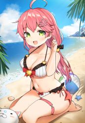 Rule 34 | 1girl, ahoge, beach, bell, bikini, blush, breasts, green eyes, hair bell, hair between eyes, hair ornament, hairclip, highres, hololive, long hair, looking at viewer, mearyo, ocean, one side up, open mouth, palm tree, pink hair, sakura miko, sakura miko (casual), sand, smile, solo, swimsuit, tree, virtual youtuber, x hair ornament