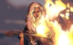 Rule 34 | 1girl, absurdres, bonfire, concept art, fire, fireworks, guitar, highres, holding, holding instrument, instrument, long hair, magical girl, mature female, music, night, night sky, non-web source, official art, shirt, singing, sky, star (sky), starry sky, very, very long hair, white hair