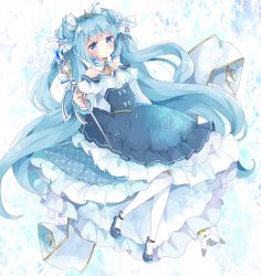 Rule 34 | 1girl, :o, absurdres, animal, bad id, bad pixiv id, bare shoulders, blue dress, blue eyes, blue footwear, blue hair, blush, commentary request, crystal, detached sleeves, dress, eighth note, full body, hair ribbon, hatsune miku, highres, holding, holding wand, juliet sleeves, long hair, long sleeves, looking at viewer, musical note, pantyhose, parted lips, puffy sleeves, rabbit, ribbon, shoes, sidelocks, strapless, strapless dress, striped, tsukiyo (skymint), twintails, vertical stripes, very long hair, vocaloid, wand, white pantyhose, white ribbon, white sleeves, yuki miku, yukine (vocaloid)