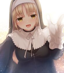 Rule 34 | 1girl, blonde hair, breasts, gloves, habit, highres, looking at viewer, medium breasts, nijisanji, nun, ogiyuki, open mouth, ribbon, sister claire, sister claire (1st costume), smile, solo, tongue, traditional nun, upper body, virtual youtuber, white gloves, white ribbon, yellow eyes, zipper pull tab