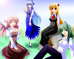 Rule 34 | 4girls, aged up, alternate hair length, alternate hairstyle, antennae, blonde hair, blue eyes, blue hair, bow, cirno, closed eyes, dress, engo (aquawatery), fang, green eyes, green hair, hair bow, ice, lens flare, long hair, midriff, multiple girls, mystia lorelei, open clothes, open mouth, open shirt, pants, pink hair, red eyes, rumia, shirt, sitting, team 9 (touhou), touhou, very long hair, wings, wriggle nightbug