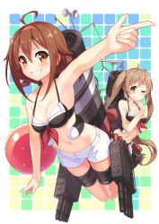 Rule 34 | 10s, 2girls, adapted costume, armpits, bikini, blush, breasts, brown eyes, brown hair, cleavage, grin, hairband, jpeg artifacts, kantai collection, long hair, looking at viewer, medium breasts, multiple girls, murasame (kancolle), navel, one eye closed, open mouth, red hairband, shinonome haru, shiratsuyu (kancolle), short hair, shorts, smile, swimsuit, twintails, white shorts