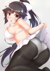 Rule 34 | 1girl, ass, azur lane, bare arms, black hair, black pantyhose, blush, bow, bra, breasts, brown eyes, clothes lift, commentary request, from behind, hair bow, hand on own chest, highres, john zhang, large breasts, lifting own clothes, long hair, looking at viewer, looking back, open mouth, panties, panties under pantyhose, pantyhose, ponytail, skirt, skirt lift, solo, takao (azur lane), thighband pantyhose, underwear, white bra