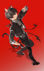 Rule 34 | 1boy, absurdres, animal ears, black footwear, black gloves, black hair, black jacket, black pants, cat ears, cat tail, cropped jacket, gloves, grey shirt, highres, jacket, jewelry, male rover (wuthering waves), necklace, pants, popped collar, red background, rover (wuthering waves), shirt, short hair, solo, tail, watashi wa chibi, wuthering waves, yellow eyes