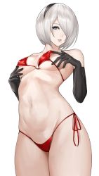 Rule 34 | 1girl, bare shoulders, bikini, black gloves, black hairband, blue eyes, breasts, collarbone, commentary request, elbow gloves, gloves, hair over one eye, hairband, highres, kurone rinka, lips, looking at viewer, medium breasts, mole, mole under mouth, navel, nier:automata, nier (series), parted lips, red bikini, short hair, side-tie bikini bottom, simple background, solo, stomach, swimsuit, thighs, white background, white hair, 2b (nier:automata)
