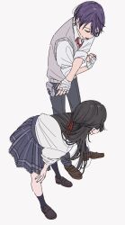 Rule 34 | 1girl, bandaged hand, bandages, black hair, black pants, black socks, blue skirt, braid, brown footwear, collared shirt, commentary request, french braid, full body, grey vest, hair between eyes, hair ribbon, hands on own knees, highres, kamatama rom, kenmochi touya, loafers, long hair, necktie, nijisanji, pants, plaid, plaid skirt, pleated skirt, purple hair, red necktie, red ribbon, ribbon, school uniform, shirt, shoes, short hair, simple background, skirt, sleeves rolled up, socks, standing, stretching, tsukino mito, vest, virtual youtuber, white background, white shirt