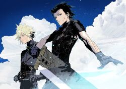 Rule 34 | 2boys, armor, black gloves, black hair, blonde hair, blue eyes, blue sky, buster sword, closed mouth, cloud, cloud strife, cloudy sky, cofffee, cross scar, facial scar, final fantasy, final fantasy vii, gloves, hair pulled back, holding, holding sword, holding weapon, huge weapon, light particles, looking at viewer, looking to the side, male focus, multiple boys, open hand, outdoors, ribbed sweater, scar, scar on cheek, scar on face, short hair, shoulder armor, single bare shoulder, sky, sleeveless, sleeveless turtleneck, spiked hair, suspenders, sweater, sword, turtleneck, turtleneck sweater, weapon, zack fair