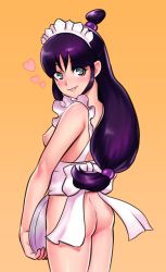 Rule 34 | 1girl, ace attorney, apron, ass, blush, breasts, from behind, green eyes, half updo, heart, highres, long hair, looking at viewer, looking back, low-tied long hair, maid headdress, maya fey, medium breasts, naked apron, nipples, no panties, purple hair, righteous tea, righteoustea, simple background, solo, tray