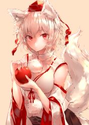 Rule 34 | 1girl, animal ear fluff, animal ears, apple, bare shoulders, beige background, black skirt, blush, breasts, commentary, detached sleeves, food, fruit, hair between eyes, hands up, hat, highres, holding, holding food, holding fruit, inubashiri momiji, long sleeves, looking at viewer, medium breasts, pom pom (clothes), red eyes, sakusyo, shirt, short hair, silver hair, simple background, skirt, solo, symbol-only commentary, tail, tassel, tokin hat, touhou, upper body, white shirt, wide sleeves, wolf ears, wolf tail