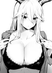 Rule 34 | 1girl, absurdres, animal ears, arknights, blush, breasts, cleavage, degenbrecher (arknights), dressing, goat ears, goat girl, goat horns, greyscale, hair between eyes, highres, horns, large breasts, monochrome, open clothes, open shirt, simple background, solo, upper body, white background, xiuge