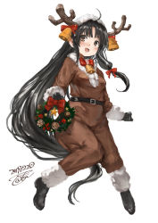 Rule 34 | 1girl, bell, belt, black hair, blush, bow, breasts, brown eyes, christmas, deer costume, full body, fur-trimmed sleeves, fur trim, hat, horns, jingle bell, kantai collection, long hair, long sleeves, looking at viewer, low-tied long hair, medium breasts, merry christmas, open mouth, red bow, santa hat, shouhou (kancolle), smile, solo, toka (marchlizard)