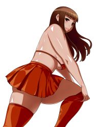 Rule 34 | ass, bra, breasts, brown eyes, brown hair, curvy, dressing, hime cut, large breasts, lingerie, lips, long hair, matoyama, plump, simple background, skirt, smile, solo, tan, thighhighs, thighs, underwear
