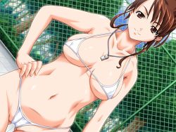 Rule 34 | 1girl, bikini, breasts, brown eyes, brown hair, cameltoe, chain-link fence, cleavage, cloud, complets, dutch angle, fence, forest, hand on own hip, kitahara kimiko, large breasts, long hair, looking at viewer, mame, mature female, mousugu natsuyasumi!, nature, navel, outdoors, partially visible vulva, ponytail, sky, smile, solo, swimsuit, teacher, thong bikini, tree, whistle, whistle around neck, white bikini