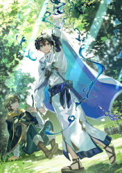 Rule 34 | 2boys, ahoge, bishounen, cape, dappled sunlight, day, full body, highres, long sleeves, looking at another, magic, mebaru, multiple boys, official art, original, outdoors, short hair, sitting, sparkle, standing, sunlight, traditional dress, tree