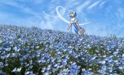 Rule 34 | 1girl, basket, blue hair, blue skirt, blue theme, cloud, cloudy sky, commentary, day, derivative work, field, flower, gloamy, holding, holding basket, looking to the side, mahou shoujo madoka magica, mahou shoujo madoka magica (anime), miki sayaka, open mouth, outdoors, photo background, shirt, short hair, skirt, sky, solo, white shirt
