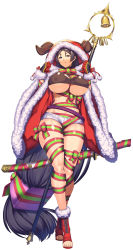 Rule 34 | 1girl, alternate costume, breasts, cape, christmas, commentary request, crop top, fate/grand order, fate (series), full body, highres, large breasts, long hair, low-tied long hair, minamoto no raikou (fate), parted bangs, purple eyes, purple hair, red cape, ribbon, short shorts, shorts, solo, standing, underboob, very long hair, white shorts, wide sleeves, yui sora