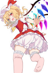 Rule 34 | 1girl, absurdres, blonde hair, bloomers, crystal, e.o., feet, flandre scarlet, hat, hat ribbon, highres, mob cap, open mouth, puffy sleeves, red eyes, red skirt, ribbon, short sleeves, simple background, skirt, soles, solo, touhou, underwear, vest, white background, white bloomers, white hat, wings