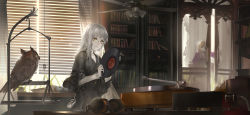 Rule 34 | 2girls, absurdres, ahoge, alcd, bird, black dress, window blinds, blonde hair, book, bookshelf, cabinet, cable, constance de richelieu, cross, cross necklace, door, dress, eyepatch, hand fan, headphones, headphones removed, highres, indoors, jewelry, light particles, light smile, long hair, long sleeves, multiple girls, necklace, original, owl, pale skin, phonograph, pixiv fantasia, pixiv fantasia t, purple dress, record, silver hair, sleeves pushed up, smile, sunlight, window, yellow eyes