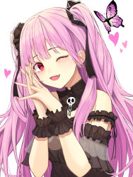 Rule 34 | 1girl, ;d, absurdres, arm strap, black choker, black dress, black ribbon, butterfly hair ornament, choker, dress, earrings, fang, floating hair, hair ornament, heart, highres, hololive, jewelry, long hair, looking at viewer, lucifer liyen, nail polish, one eye closed, open mouth, pink hair, pink nails, red eyes, ribbon, sleeveless, sleeveless dress, smile, solo, strapless, strapless dress, twintails, upper body, uruha rushia, uruha rushia (3rd costume), very long hair, virtual youtuber, white background