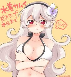Rule 34 | 1girl, bikini, black hairband, breasts, cleavage, corrin (female) (fire emblem), corrin (female) (summer) (fire emblem), corrin (fire emblem), crossed arms, eromame, fire emblem, fire emblem fates, fire emblem heroes, flower, hair flower, hair ornament, hairband, heart, heart-shaped pupils, large breasts, long hair, navel, nintendo, official alternate costume, orange background, pointy ears, red eyes, simple background, solo, sweat, swimsuit, symbol-shaped pupils, twitter username, upper body, white hair