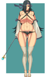 Rule 34 | 1girl, bandana, bare shoulders, black eyes, black hair, breasts, cleavage, female pubic hair, hidarikiki, holding, holding staff, huge breasts, large breasts, long hair, original, pubic hair, pubic hair peek, shorts, sleeves past fingers, sleeves past wrists, solo, staff, standing, thighhighs, tight clothes, toenails, two-tone background, wide hips