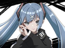 Rule 34 | 1girl, black sweater, blue hair, closed mouth, floating hair, francium76, grey eyes, hair between eyes, hair ornament, hatsune miku, highres, long hair, long sleeves, looking at viewer, solo, sweater, twintails, upper body, very long hair, vocaloid, x hair ornament