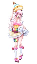 Rule 34 | 1girl, bare shoulders, blush, bow, bowtie, breasts, candy, cleavage, dress, food, full body, hat, headphones, highres, holding, large breasts, legs, long hair, looking at viewer, nitroplus, open mouth, pink footwear, pink hair, red eyes, shoes, skirt, smile, solo, super sonico, thighs, transparent background, v-mag