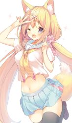 Rule 34 | 1girl, amamiya mei, animal ear fluff, animal ears, blonde hair, blue eyes, bow, bowtie, breasts, cat ears, cat tail, cherry blossoms, collar, double v, extra ears, flower, hair flower, hair ornament, hairclip, heart, highres, large breasts, loafers, long hair, long sleeves, looking at viewer, low twintails, one eye closed, open mouth, original, outstretched arm, p19, shirt, shoes, simple background, skirt, solo, sweater, tail, thighhighs, twintails, v, virtual youtuber, white background, zettai ryouiki