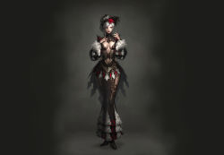 Rule 34 | 1girl, absurdres, atlantica online, breasts, cleavage, cleavage cutout, clothing cutout, drill hair, female focus, frills, gradient background, grey hair, highres, hip focus, hobble dress, isabel (atlantica online), orange eyes, princess, solo, source request, standing, wallpaper, wide hips