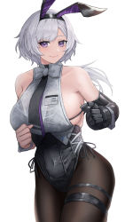 Rule 34 | 1girl, absurdres, animal ears, armpit crease, azur lane, backless leotard, bare shoulders, belt bra, black hairband, black leotard, black neckwear, black pantyhose, blouse, bow, bowtie, breasts, closed mouth, collarbone, commentary, covered navel, cowboy shot, elbow gloves, fake animal ears, female focus, gloves, grey bow, grey bowtie, grey hair, hair between eyes, hairband, highres, hitsuji (sheepsb22), id card, large breasts, leotard, leotard under clothes, long hair, looking at viewer, low ponytail, metal gloves, necktie, official alternate costume, pantyhose, parted hair, playboy bunny, purple eyes, rabbit ears, reno (azur lane), reno (reno bunnino) (azur lane), shirt, side-tie leotard, sideboob, sidelocks, simple background, single elbow glove, sleeveless, sleeveless shirt, smile, solo, standing, thigh strap, upper body, white background, white shirt, wrist cuffs