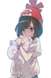 Rule 34 | 1girl, beanie, black eyes, black hair, clefairy, creatures (company), crying, crying with eyes open, game freak, gen 1 pokemon, hat, highres, hug, hugging doll, hugging object, nintendo, pokemon, pokemon (creature), pokemon sm, red hat, selene (pokemon), shirt, short hair, simple background, spoilers, stuffed toy, supernew, tears, tied shirt, white background, z-ring