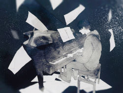 Rule 34 | 1boy, aofuji sui, bad id, bad pixiv id, black background, black hair, chair, commentary request, expressionless, flying, full body, greyscale, hair over eyes, hood, hoodie, instrument, long sleeves, male focus, monochrome, original, pants, paper, piano, sheet music, shirt, short hair, simple background, sitting