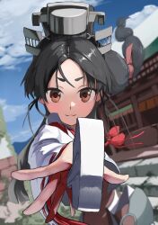 Rule 34 | 1girl, black hair, blue sky, brown eyes, cloud, commentary request, day, foreshortening, hair tie, high ponytail, highres, japanese clothes, kantai collection, long hair, miko, multi-tied hair, nisshin (kancolle), outdoors, red ribbon, ribbon, sannsogyoraikai, short eyebrows, shrine, sky, smile, solo, thick eyebrows, very long hair, wide sleeves