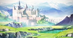 Rule 34 | bridge, castle, chimneyart, day, fantasy, grass, highres, landscape, mountain, original, outdoors, pond, scenery, water