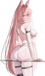 1girl alternate_costume animal_ear_fluff animal_ears arknights arm_support ass ass_support blush breasts closed_mouth clothing_cutout commentary_request hair_between_eyes hair_intakes highres leotard long_hair looking_at_viewer looking_back medium_breasts pantyhose pink_eyes pink_hair pozyomka_(arknights) sideboob simple_background skindentation solo sonna_watashi tail tail_through_clothes white_background white_leotard white_pantyhose wolf_ears wolf_girl wolf_tail