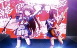 Rule 34 | 10s, 2girls, ahoge, angel beats!, arm up, cross, demon tail, detexted, fang, guitar, highres, instrument, iwasawa masami, legs, long hair, microphone, multiple girls, non-web source, one eye closed, pink eyes, pink hair, school uniform, serafuku, short hair, short twintails, sleeves rolled up, tail, third-party edit, twintails, two side up, very long hair, wink, yui (angel beats!)